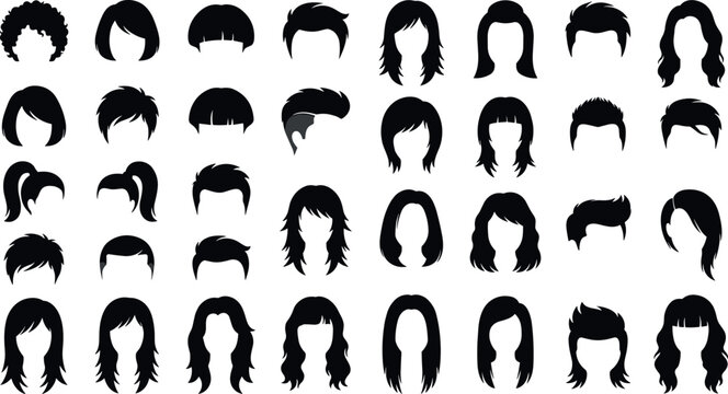 Collection of men and women hairstyle silhouettes with diverse haircuts, bangs, bobs, mullets, and ponytail styles vector set