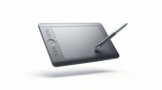 Digital drawing tablet with stylus pen floating on a white background for creative design work