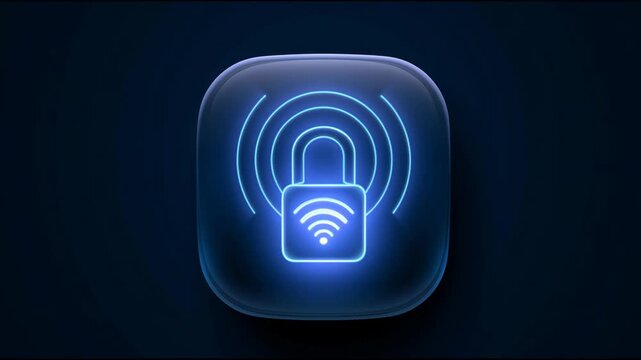 A glass padlock glows with a steady blue light. It displays unique security icons in a dark setting while focusing on digital safety.