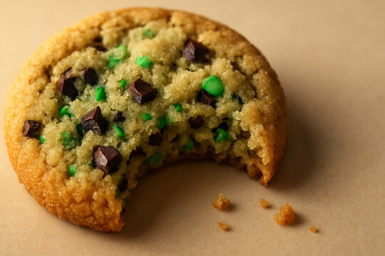 Mint Crunchy Cookie with Bite Mark Macro - Fresh Baked Mint Chocolate Cookie - Warm Documentary Food Stock