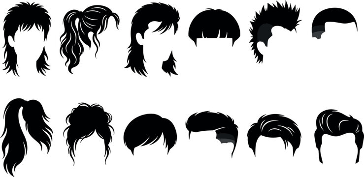 Set of retro and modern men and women hairstyle silhouettes collection with trendy punk rock and fashion haircuts
