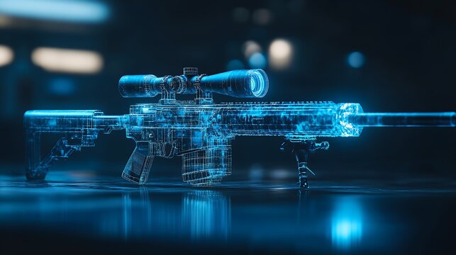 A futuristic, wireframe sniper rifle with scope rests on a reflective surface