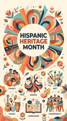 Fototapeta premium Hispanic Heritage Month Vertical Circular Poster Featuring Vibrant Folk Dancers Mariachi Family Art and Book
