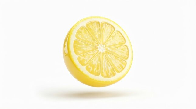 Juicy yellow lemon half slice floating with glossy textured segments on white background