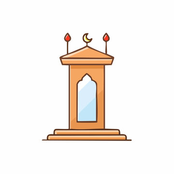 A stylized vector illustration depicts a traditional minbar pulpit with a crescent moon.