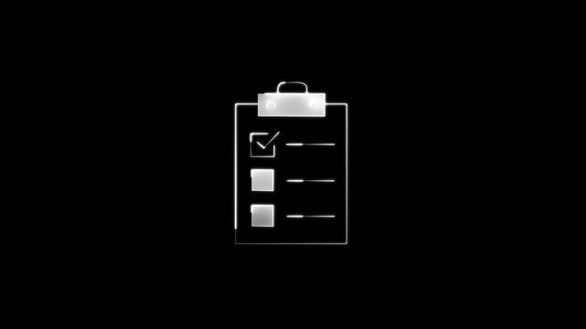 Glowing blue neon clipboard with checklist icon on black background