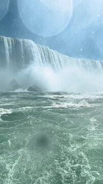 Rushing turquoise water near mist of Niagara Falls. Water surges through the river as white spray rises from the cascading fall under sunlight.