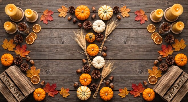 Cozy Thanksgiving Flat Lay with Autumn Decorations