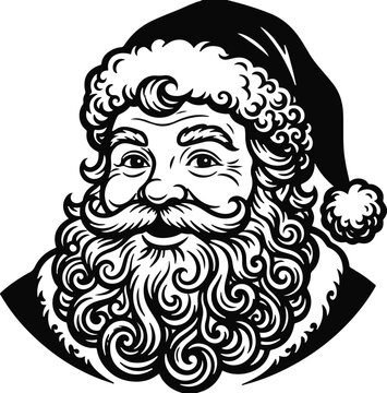 Portrait of santa claus face in detailed black and white illustration with christmas father christmas character holiday icon mustache