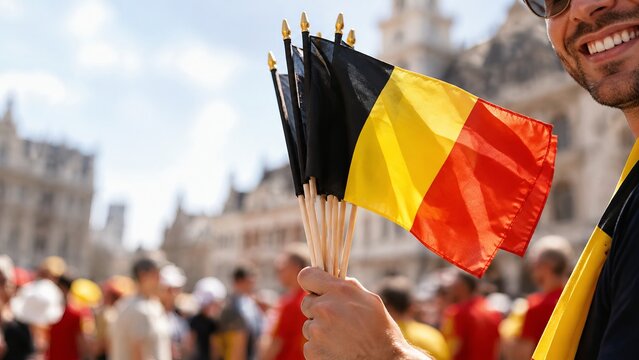 Man holding small Belgium flags on city square during national celebration. Football fan cheering for Belgian national team. Patriotism, independence day and support concept.