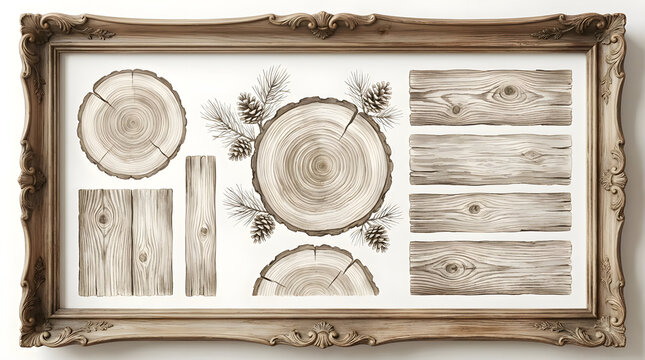 Framed rustic wood grain and cross section illustrations.