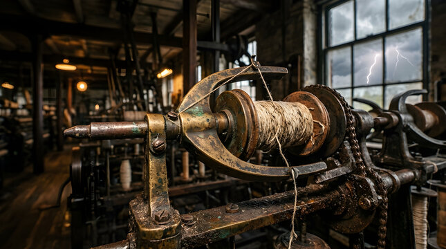 Macro Shot of Textile Mill Spindle Assembly with Worn Brass Fittings and Warm Ambient Glow, Vintage Heavy Manufacturing Machinery Equipment Detail Shot, Detailed Texture Image, Stock Photo