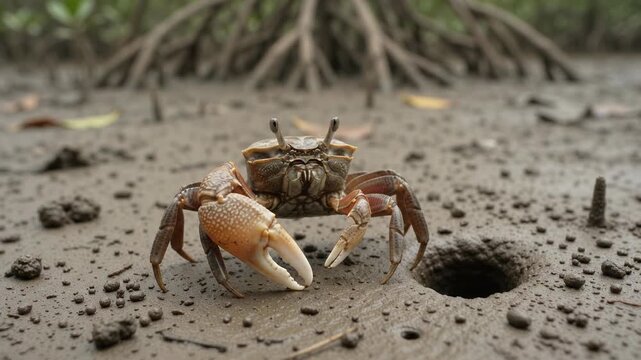 Fiddler Crab Lifting Its Large Claw on a Mudflat Beside Its Burrow