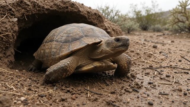 Desert Tortoise Emerging From Dirt Burrow in Arid Habitat