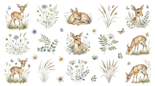 Watercolor fawn and forest floral element collection