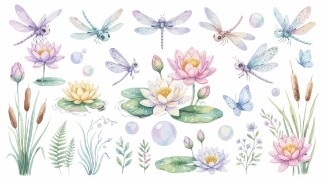 Watercolor dragonfly and lotus flower botanical illustration set