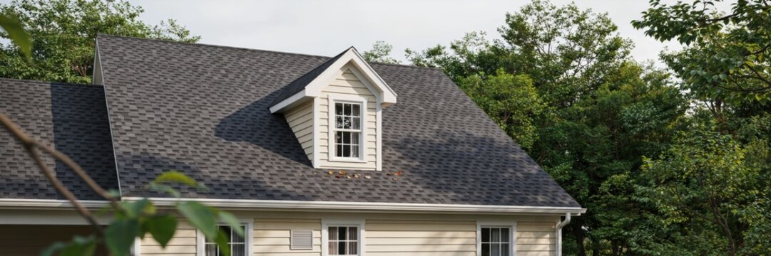 A modern suburban home featuring a dark gray asphalt shingle roof with a prominent white dormer window and green trees.
