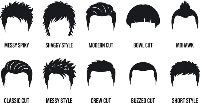 Men hairstyle silhouettes collection with trendy modern classic cut mohawk crew shaggy messy spiky and buzz haircuts