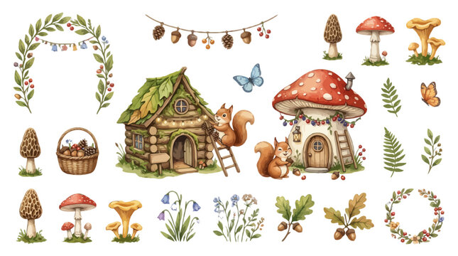 Watercolor woodland fairy house and squirrel illustration set
