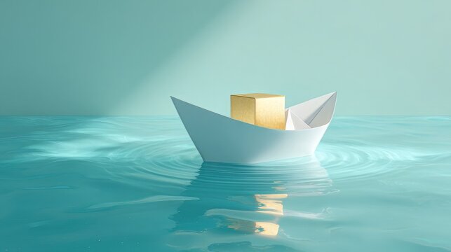 Minimalist paper boat with gold cube cargo, origami ship floating on turquoise water, conceptual business leadership and logistics metaphor