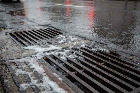 Rainwater flowing into a metal storm drain grate on a wet city street