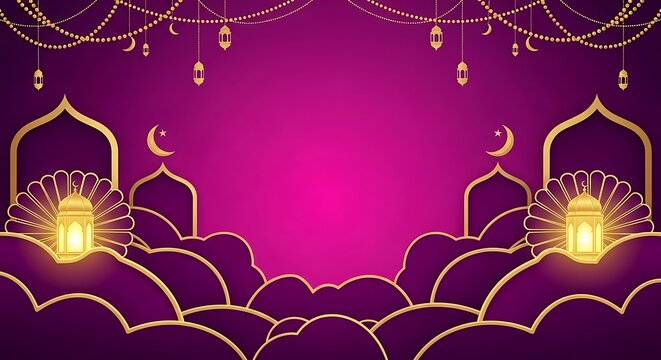 Ramadan kareem background with golden lanterns and crescent moon
