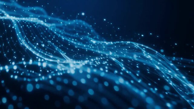 Glowing blue particle network waves flowing in a dynamic abstract digital motion animation video loop