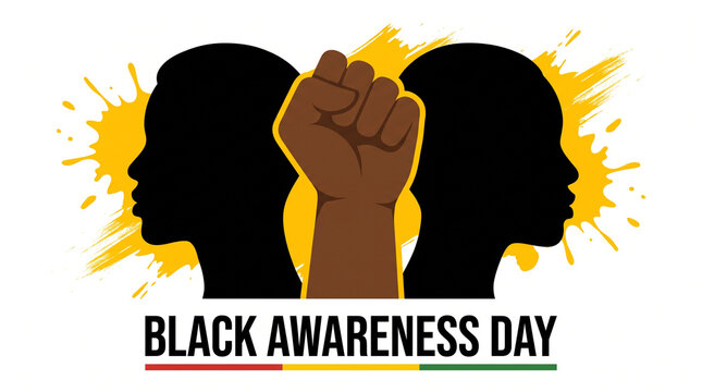 Black Awareness Day illustration with raised fist and human silhouettes on yellow background