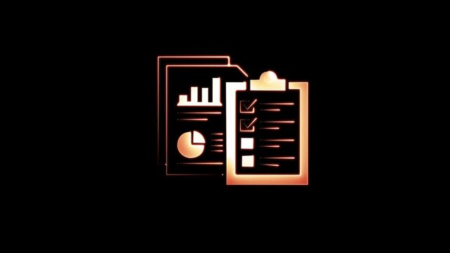 Neon business report documents and clipboard checklist icon on black background motion video