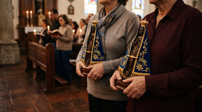 Women holding statues of Our Lady of Aparecida during a religious church service
