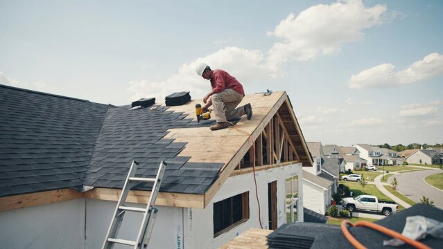 Professional builder nails black shingles onto wooden roof deck of new residential home construction site in sunny weather.