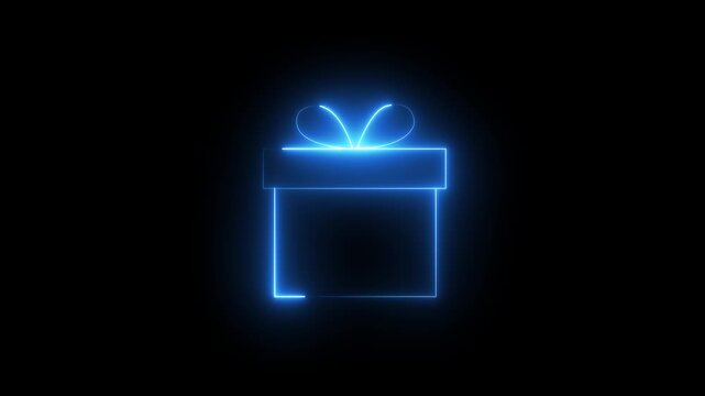 Glowing neon gift box with ribbon bow isolated on dark background