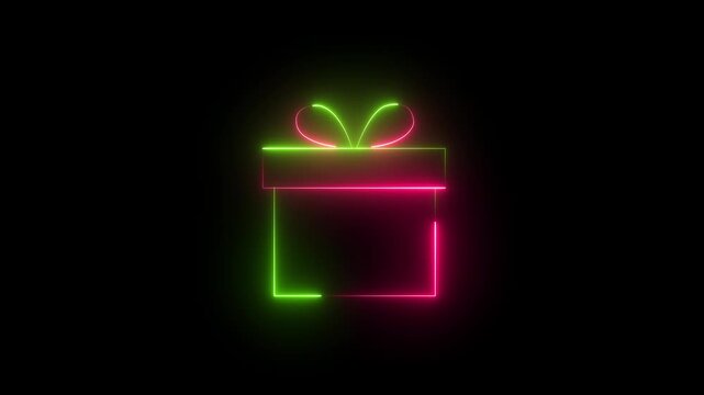 Glowing neon gift box with ribbon bow isolated on dark background