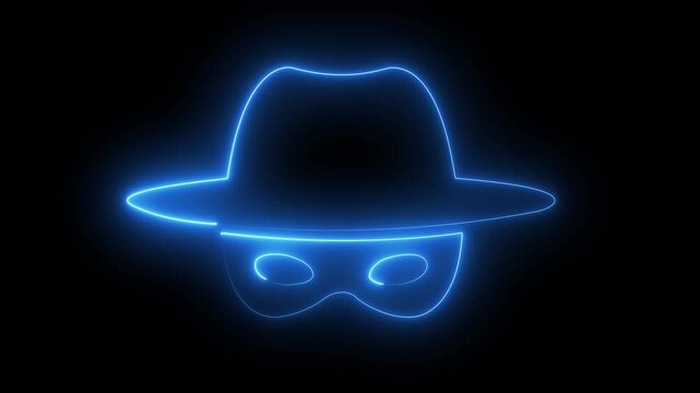 neon incognito hacker mask with fedora hat icon on black background 4k animation.
