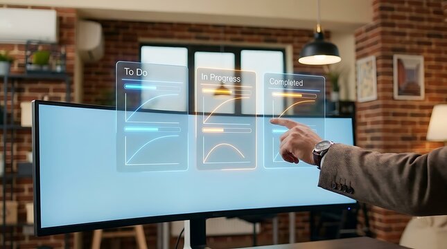 Project management dashboard with floating virtual task boards and office monitor in the background.
