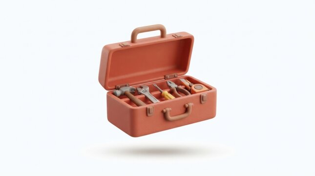 Open terracotta orange toy tool box filled with miniature plastic tools on white background