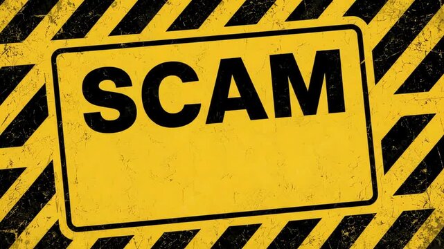 Yellow Grunge Warning Sign with Hazard Stripes and "SCAM ALERT!" Text