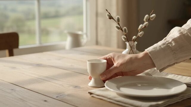 Hand Placing White Ceramic Egg Cup on Wooden Dining Table for Breakfast