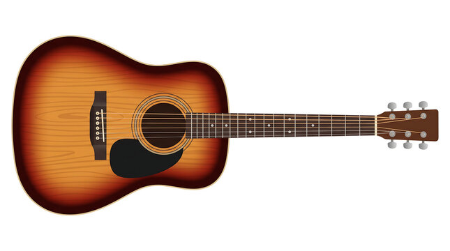 Vector illustration of a classic six-string acoustic guitar with sunburst finish, isolated on white background