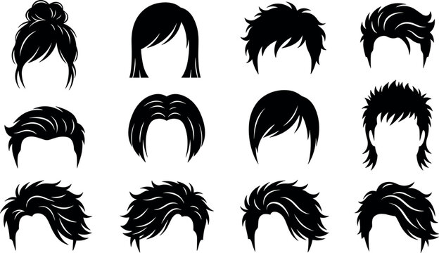Set of modern men and women hairstyle silhouettes collection with trendy anime shaggy messy mullet and bun haircuts