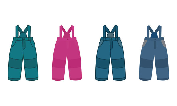 Set of colorful winter snow trousers or ski bib pants