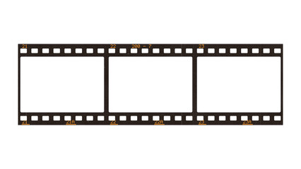 Fototapeta premium Wide 35mm film strip with three large blank photo frames on a transparent background