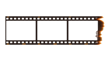 Fototapeta premium Burnt 35mm film strip with a charred end and blank frames on a transparent background