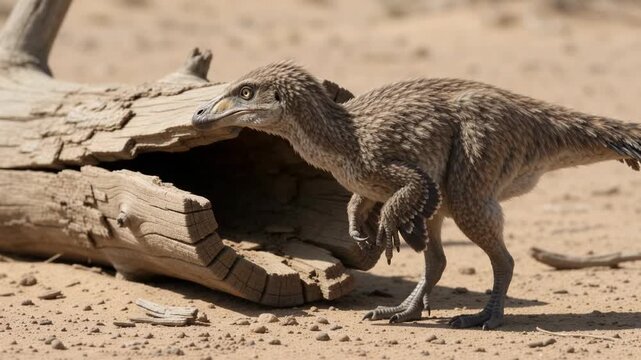 Feathered Mononykus Dinosaur Stands Alert Beside a Hollow Log in Sand