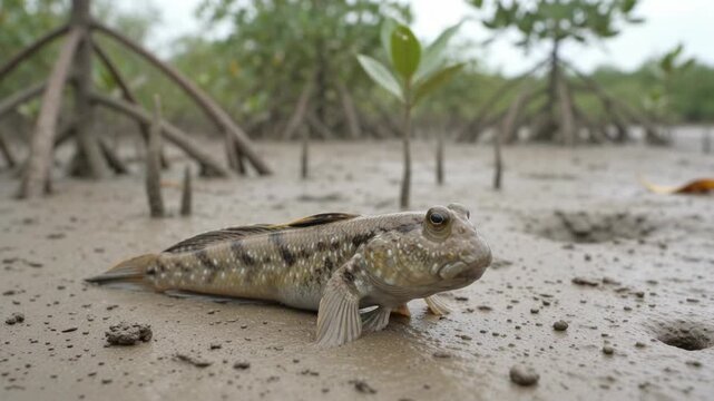 Mudskipper Fish Raising Its Dorsal Fin on a Mangrove Mudflat