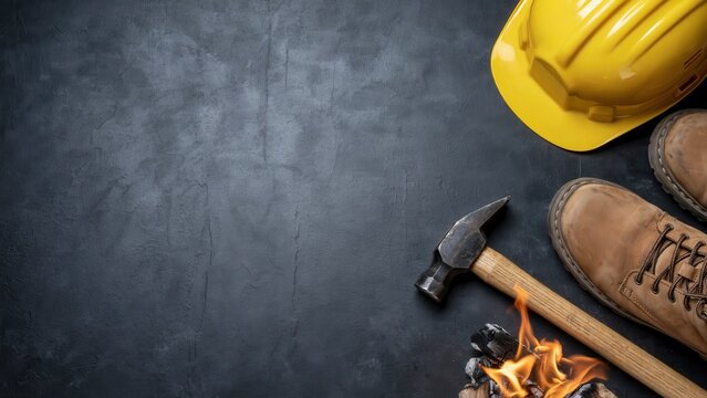 Construction tools and safety equipment with fire on dark background