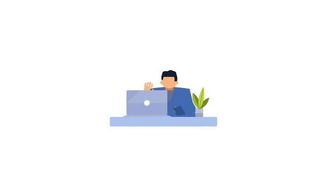2K 10s Seamless Loop Modern Colorful Flat 2D Character Animation Man at Desk Using Laptop and Waving Greeting