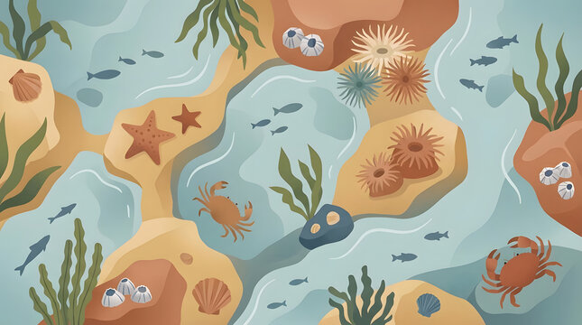 Underwater tide pool illustration with starfish and crabs.