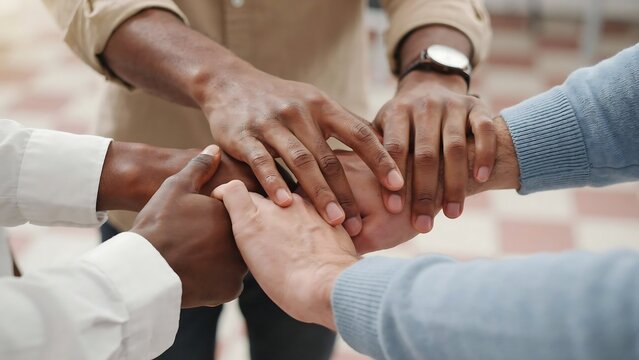 Diverse group of people stacking hands together for unity and teamwork concept