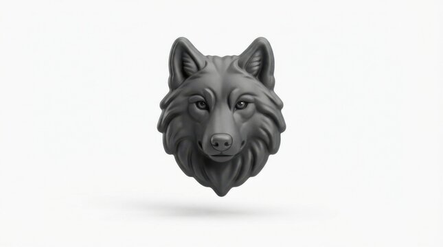 Detailed black wolf head sculpture emblem isolated on a clean white background